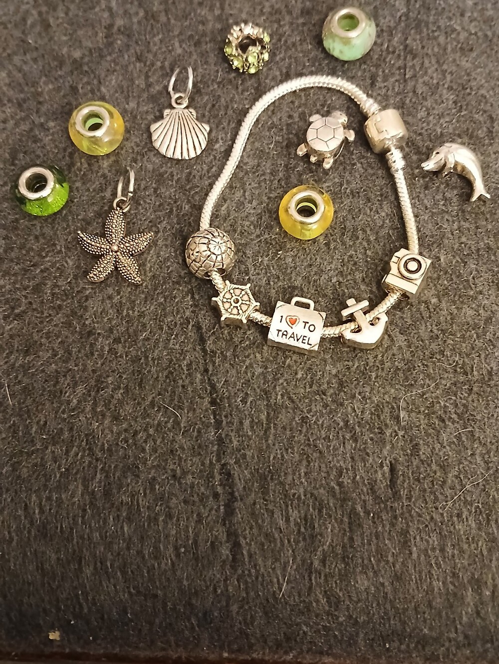 Silver Travel Charm Bracelet with Green Glass Accent Beads